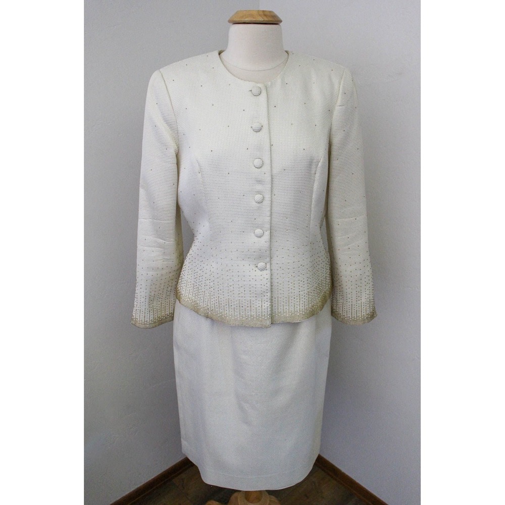 Marie St. Claire Suit Set Size 16 Cream Gold Beaded Jacket Skirt Vintage 2-Piece